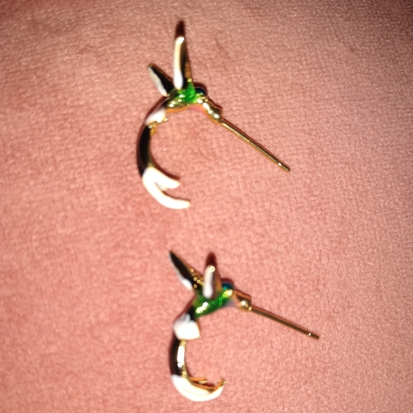 Blue Green Gold Flying Hummingbird Hoops Bird Hoop Earrings Enamel Hummingbirds - Picture 4 of 8